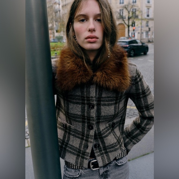 Zara Knit Cardigan Jacket with Faux Fur Collar Front Pockets Size XL NWT - Picture 4 of 13